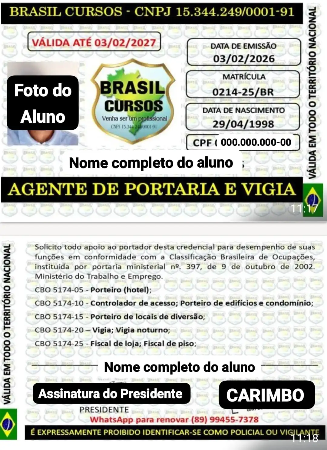 Modelo de carteirinha do curso de agente de portaria